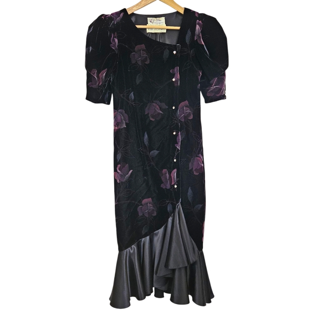 Vintage Janine Giorgenti Velvet Formal Puff Sleeves Midi Dress‎
